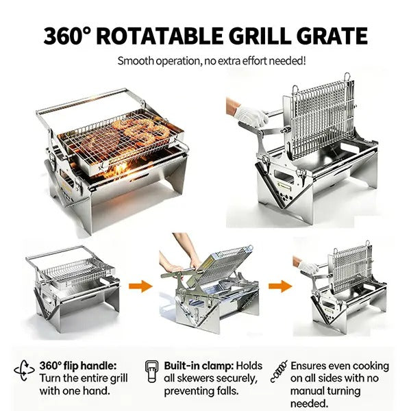 Flip Rotatable BBQ Grill｜Portable Foldable Stainless Steel｜Camping Picnic Outdoor Grill｜Manual 360° Rotation